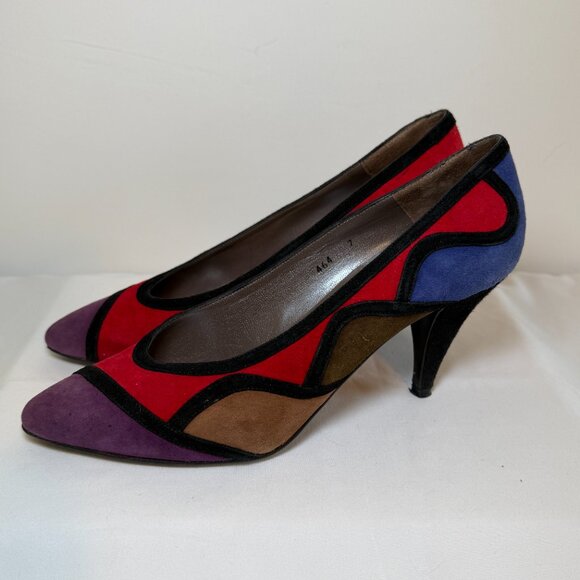 Vintage 80s VAN ELI Colorblock Suede Leather Pumps Heels 6-6.5 - Picture 3 of 16
